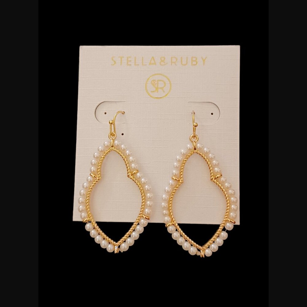Stella & Ruby Gold Tone Faux Pearl Pear Shaped Drop Dangle Earrings 1.75"